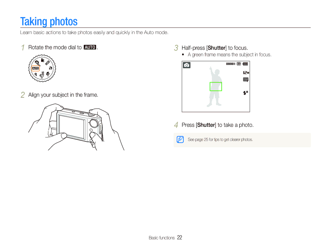 Samsung EC-PL100ZBPPSA, EC-PL101ZBDSE1, EC-PL100ZBPSE1, EC-PL100ZBPBZA manual Taking photos, Press Shutter to take a photo 