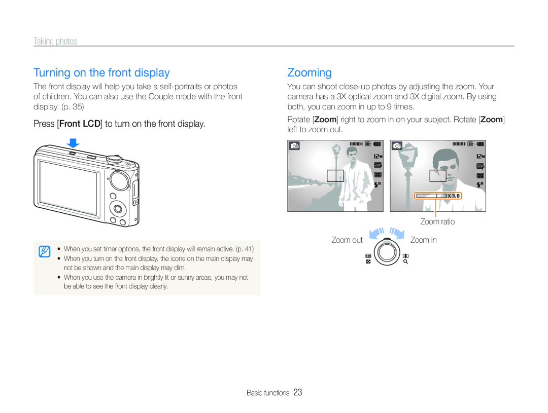 Samsung EC-PL100ZBPBDX Turning on the front display, Zooming, Taking photos, Press Front LCD to turn on the front display 