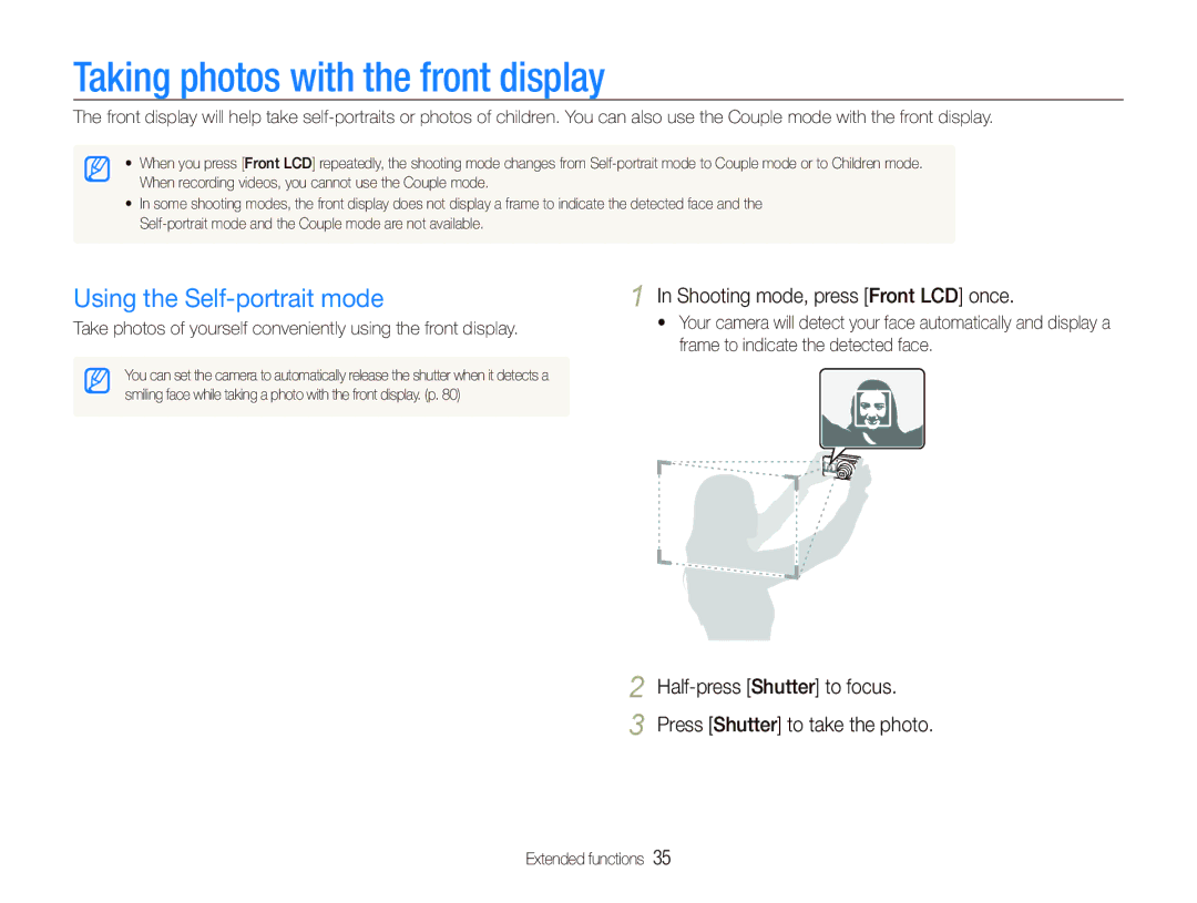 Samsung EC-PL100ZDPGIR, EC-PL101ZBDSE1, EC-PL100ZBPSE1 Taking photos with the front display, Using the Self-portrait mode 