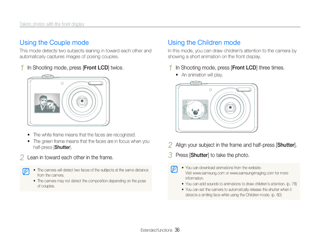 Samsung EC-PL100ZDPPIR manual Using the Couple mode, Using the Children mode, Taking photos with the front display 