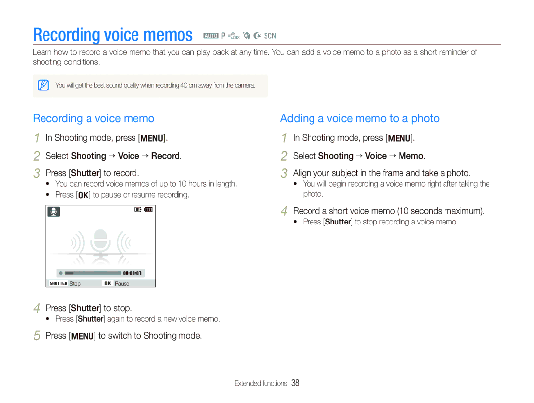 Samsung EC-PL100ZBPUSA manual Recording voice memos a p d b N s, Recording a voice memo, Adding a voice memo to a photo 