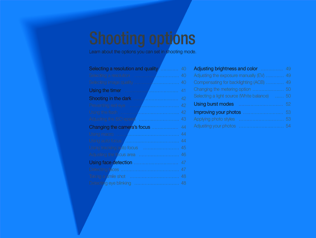 Samsung EC-PL100ZBPVSA, EC-PL101ZBDSE1 manual Shooting options, Learn about the options you can set in shooting mode 