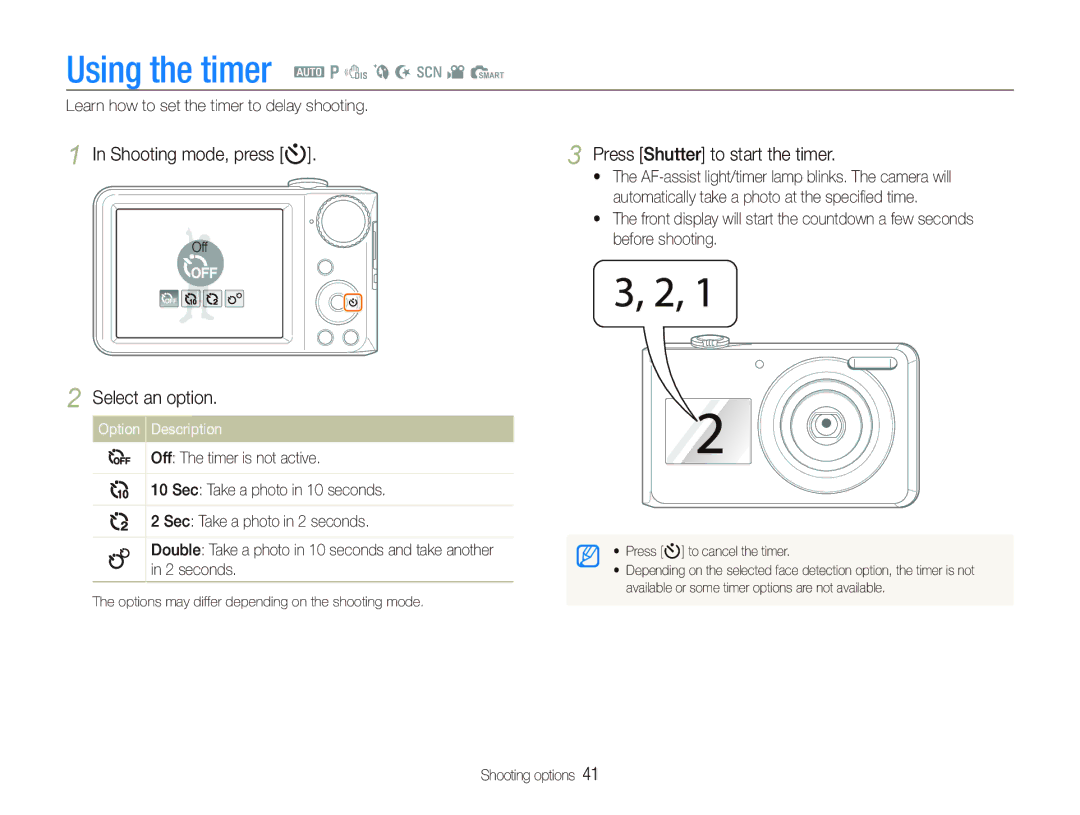 Samsung EC-PL100ZDPSME manual Using the timer a p d b N s v S, Shooting mode, press t, Press Shutter to start the timer 