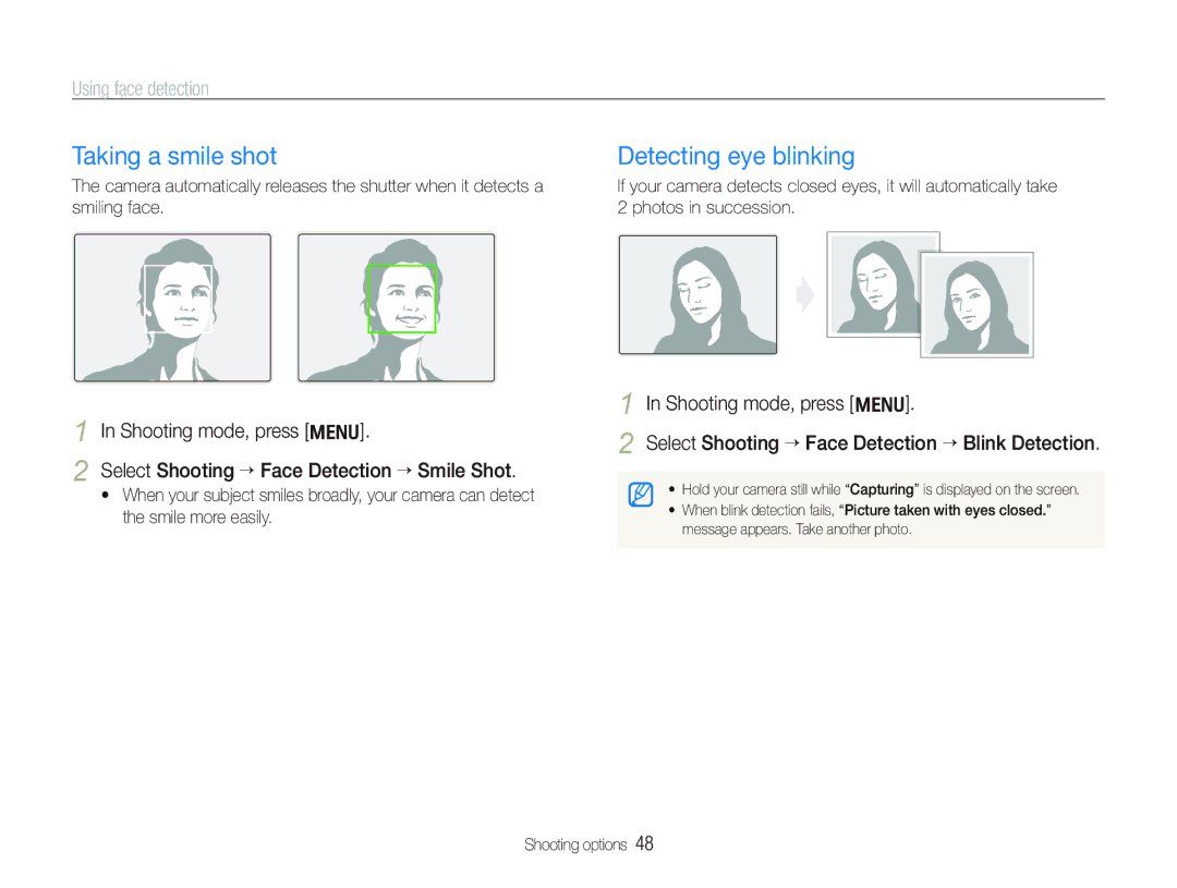 Samsung EC-PL100ZBPBVN, EC-PL101ZBDSE1, EC-PL100ZBPSE1 Taking a smile shot, Detecting eye blinking, Using face detection 