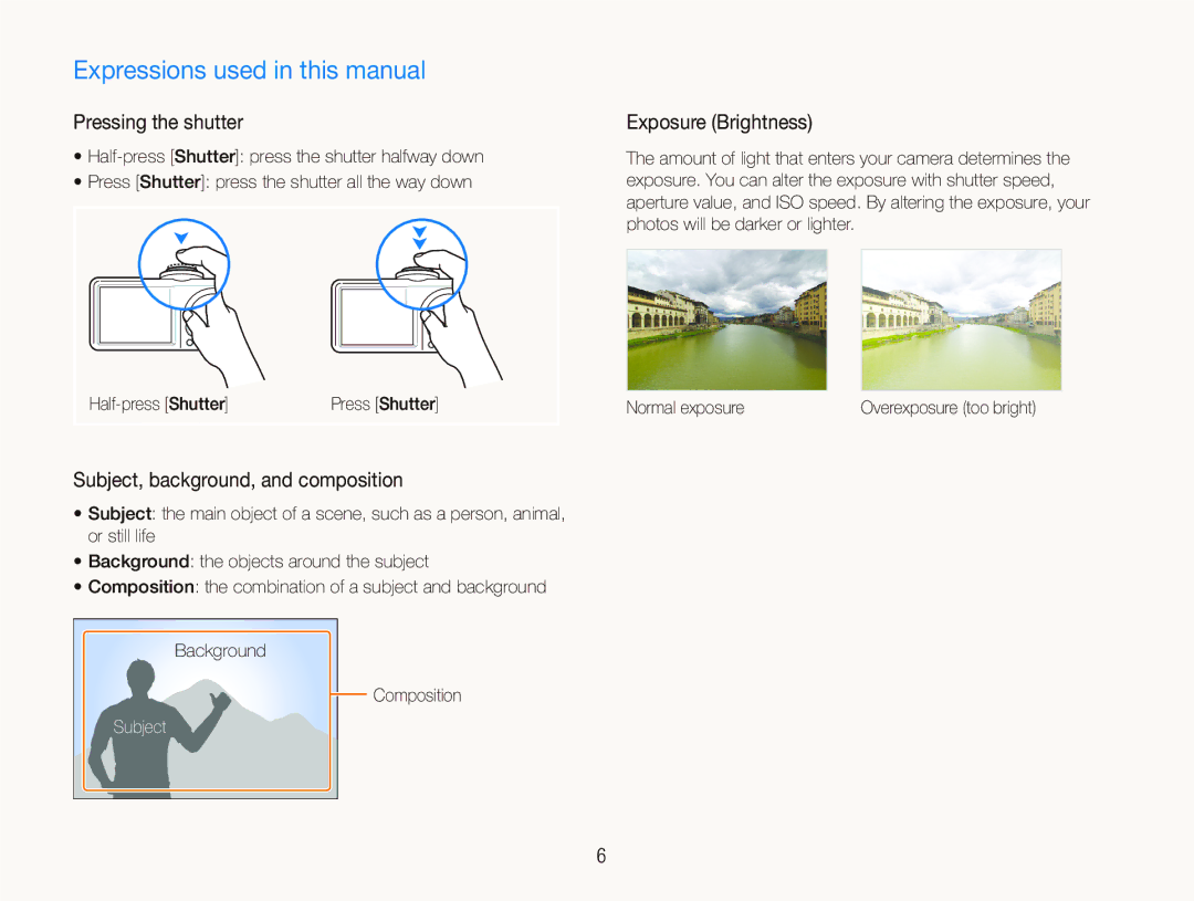 Samsung EC-PL100ZBPBGB Expressions used in this manual, Pressing the shutter, Subject, background, and composition 