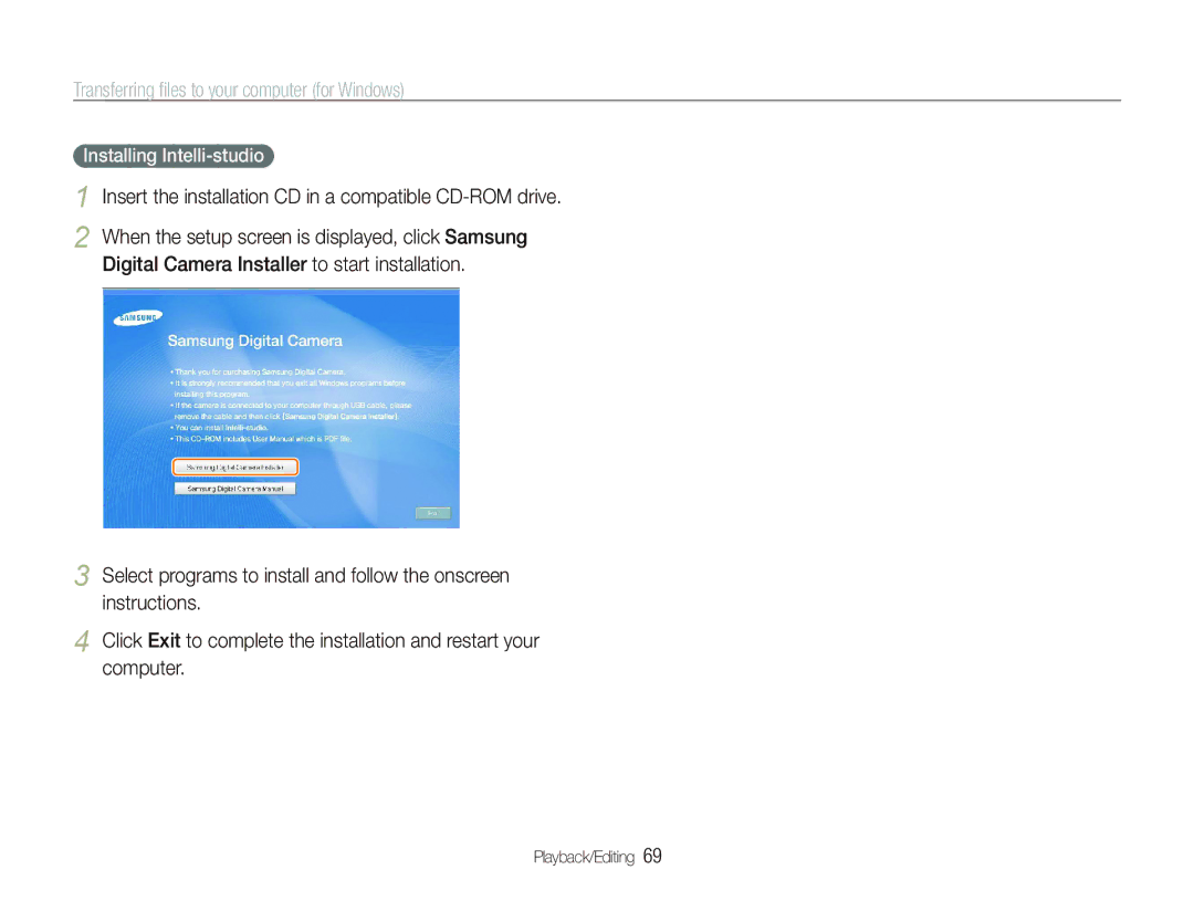 Samsung EC-PL100ZBPPE1, EC-PL101ZBDSE1 manual Transferring ﬁles to your computer for Windows, Installing Intelli-studio 