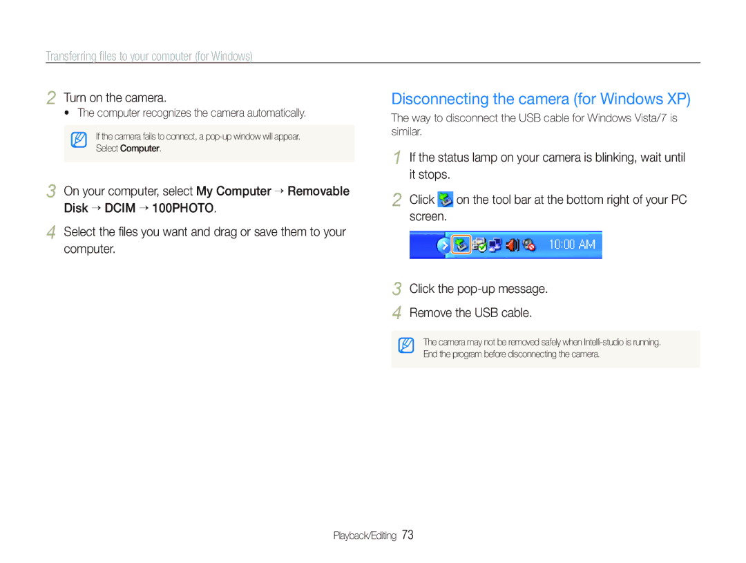 Samsung EC-PL100ZBPPIT manual Disconnecting the camera for Windows XP, Screen Click the pop-up message Remove the USB cable 