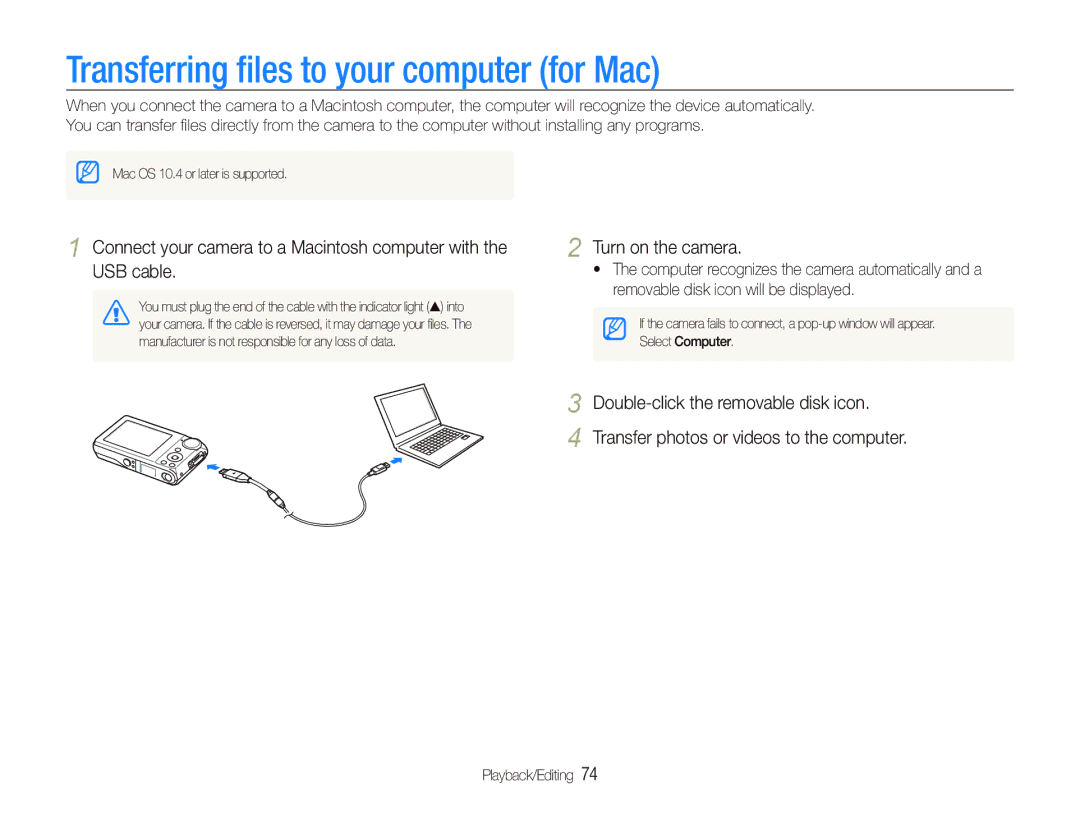 Samsung EC-PL100ZBPUIT, EC-PL101ZBDSE1, EC-PL100ZBPSE1, EC-PL100ZBPBZA manual Transferring ﬁles to your computer for Mac 