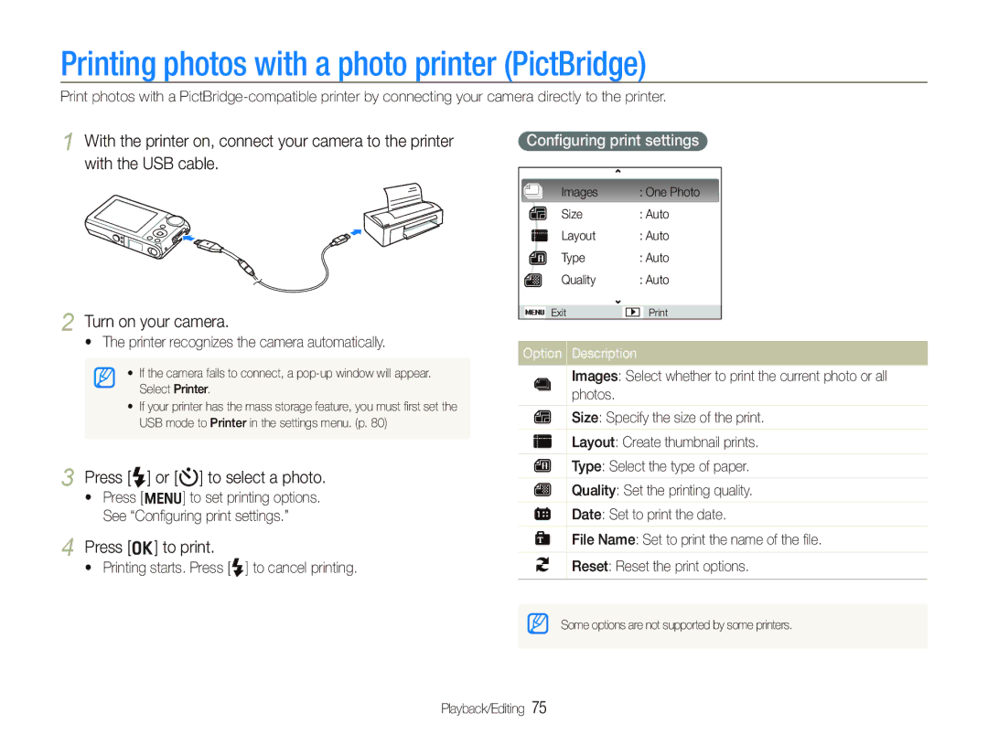 Samsung EC-PL100ZBPSIT Printing photos with a photo printer PictBridge, Press F or t to select a photo, Press o to print 