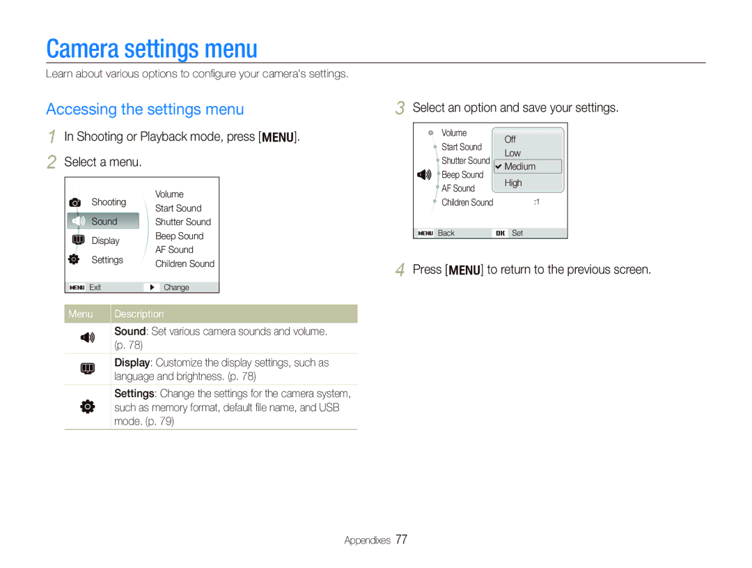 Samsung EC-PL100ZBPBE1, EC-PL101ZBDSE1 Camera settings menu, Accessing the settings menu, Select a menu, Menu Description 