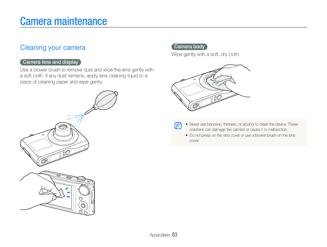 Samsung EC-PL100ZDPBME, EC-PL101ZBDSE1 manual Camera maintenance, Cleaning your camera, Camera lens and display, Camera body 