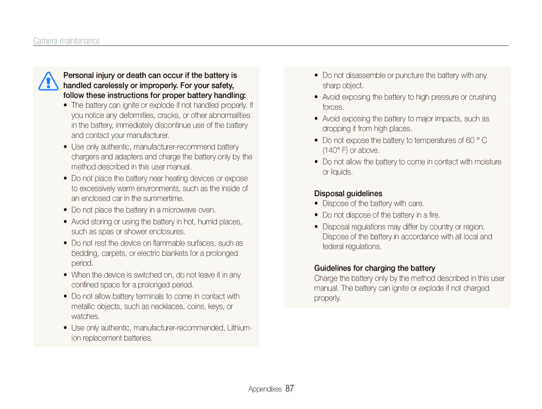 Samsung EC-PL100ZBPPSA, EC-PL101ZBDSE1, EC-PL100ZBPSE1, EC-PL100ZBPBZA manual  Do not place the battery in a microwave oven 