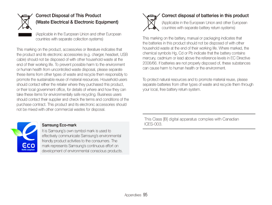 Samsung EC-PL100ZDPGME, EC-PL101ZBDSE1, EC-PL100ZBPSE1 manual Correct disposal of batteries in this product, Samsung Eco-mark 
