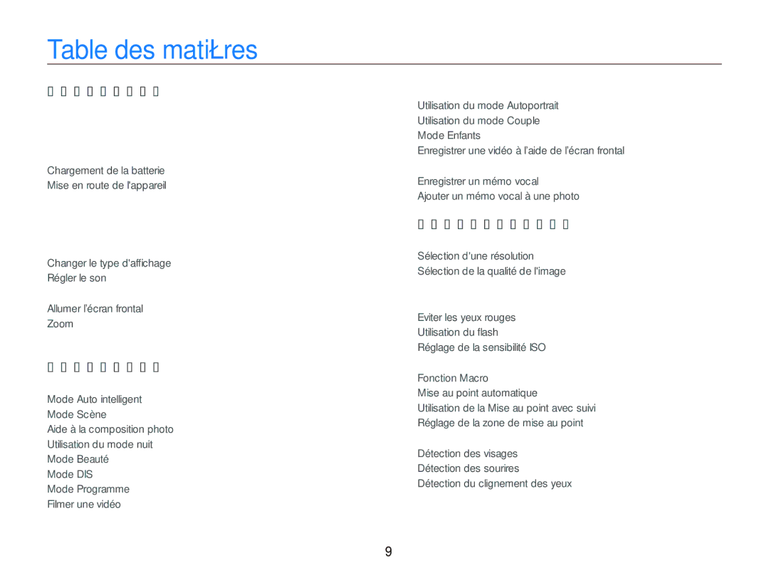 Samsung EC-PL100ZBPSE1, EC-PL101ZBDSE1, EC-PL100ZBPBZA, EC-PL101ZBPBE1, EC-PL100ZBPSGB, EC-PL100ZBPPE1 manual Table des matières 