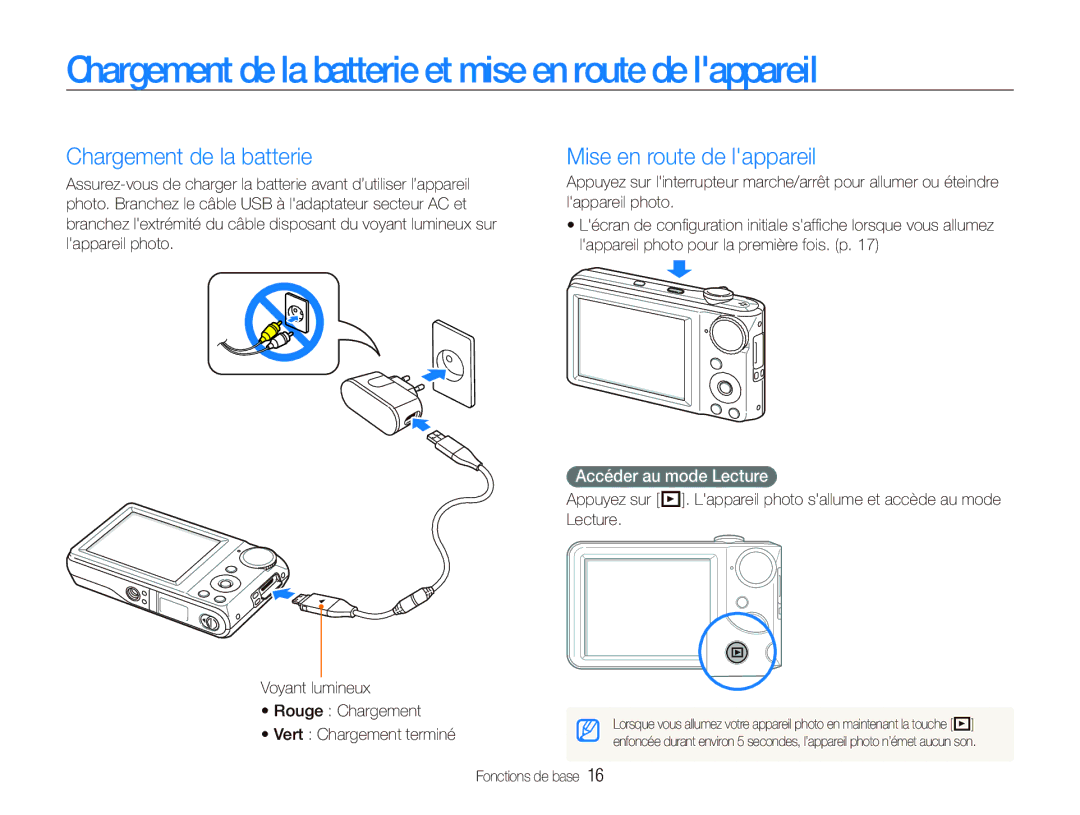 Samsung EC-PL100ZBPEE1, EC-PL101ZBDSE1 Chargement de la batterie et mise en route de lappareil, Mise en route de lappareil 