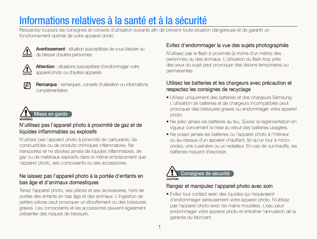 Samsung EC-PL100ZBPBZA Informations relatives à la santé et à la sécurité, Rangez et manipulez lappareil photo avec soin 