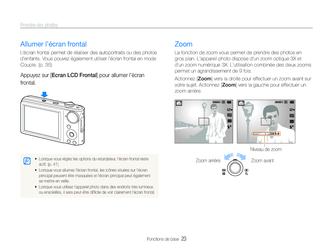 Samsung EC-PL100ZBPVE1, EC-PL101ZBDSE1, EC-PL100ZBPSE1, EC-PL100ZBPBZA Allumer l’écran frontal, Zoom, Prendre des photos 
