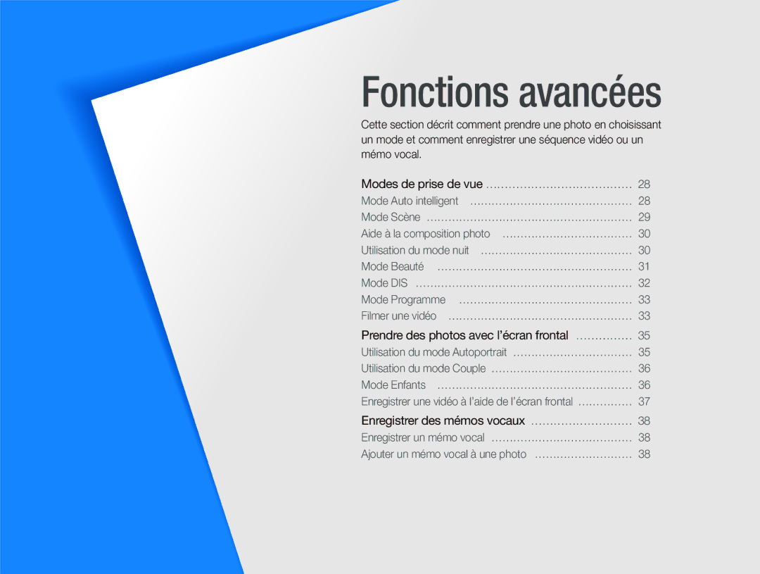 Samsung EC-PL100ZBPSE1, EC-PL101ZBDSE1, EC-PL100ZBPBZA, EC-PL101ZBPBE1, EC-PL100ZBPSGB, EC-PL100ZBPPE1 manual Fonctions avancées 