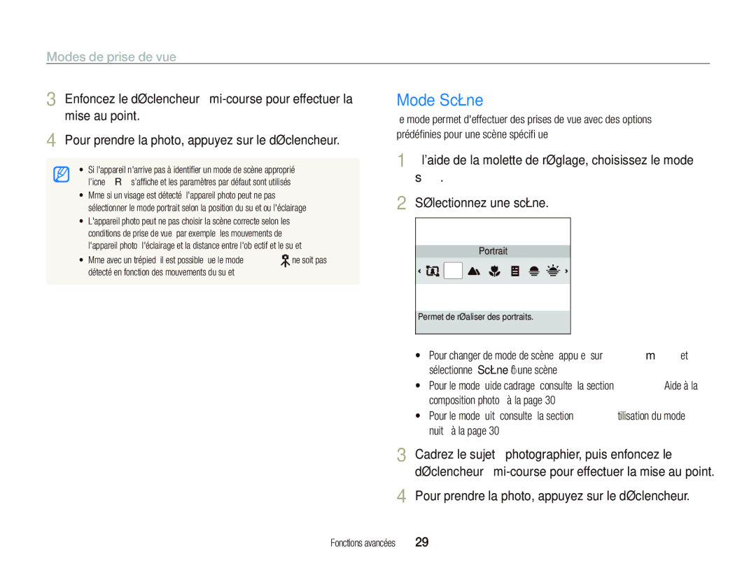 Samsung EC-PL101ZBPBE1, EC-PL101ZBDSE1, EC-PL100ZBPSE1, EC-PL100ZBPBZA, EC-PL100ZBPSGB manual Mode Scène, Modes de prise de vue 