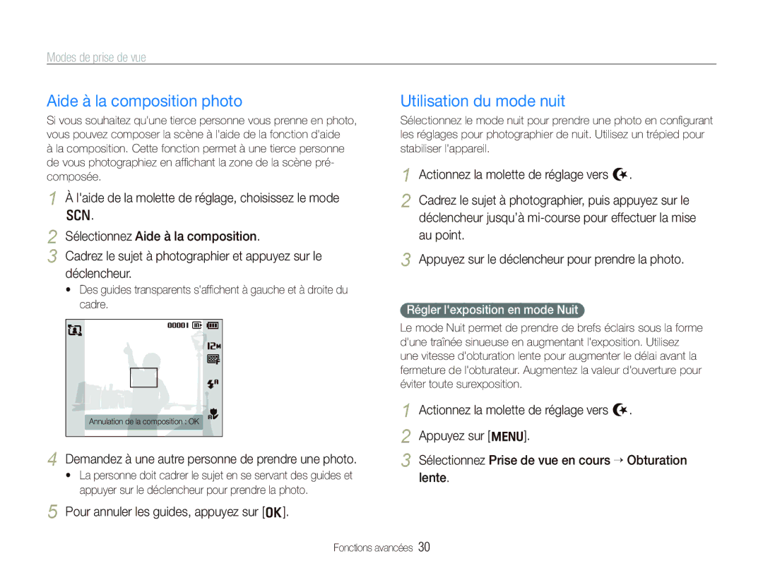 Samsung EC-PL100ZBPSGB manual Aide à la composition photo, Utilisation du mode nuit, Pour annuler les guides, appuyez sur o 