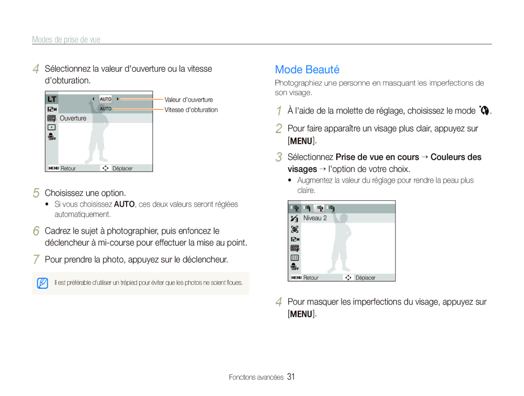 Samsung EC-PL100ZBPPE1 Mode Beauté, Sélectionnez la valeur douverture ou la vitesse dobturation, Choisissez une option 