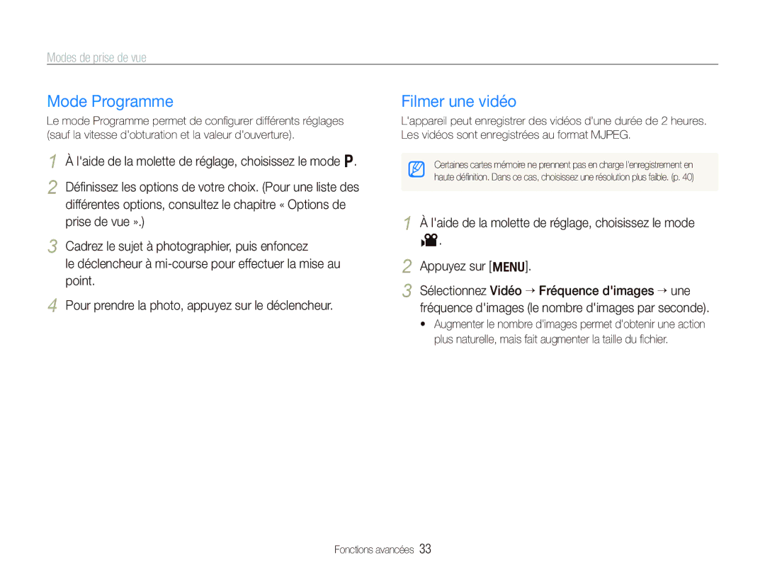 Samsung EC-PL100ZBPBGB, EC-PL101ZBDSE1, EC-PL100ZBPSE1, EC-PL100ZBPBZA, EC-PL101ZBPBE1 manual Mode Programme, Filmer une vidéo 