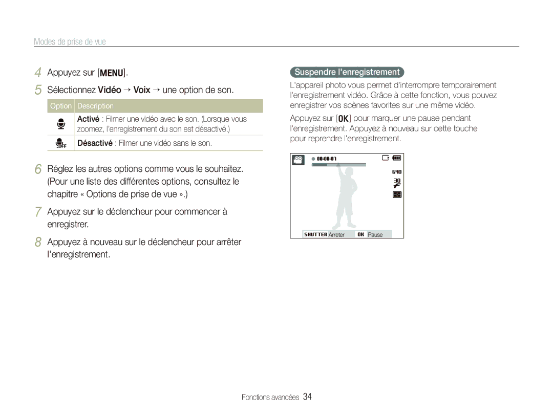 Samsung EC-PL100ZBPEE1, EC-PL101ZBDSE1 manual Sélectionnez Vidéo “ Voix ““une option de son, Suspendre lenregistrement 
