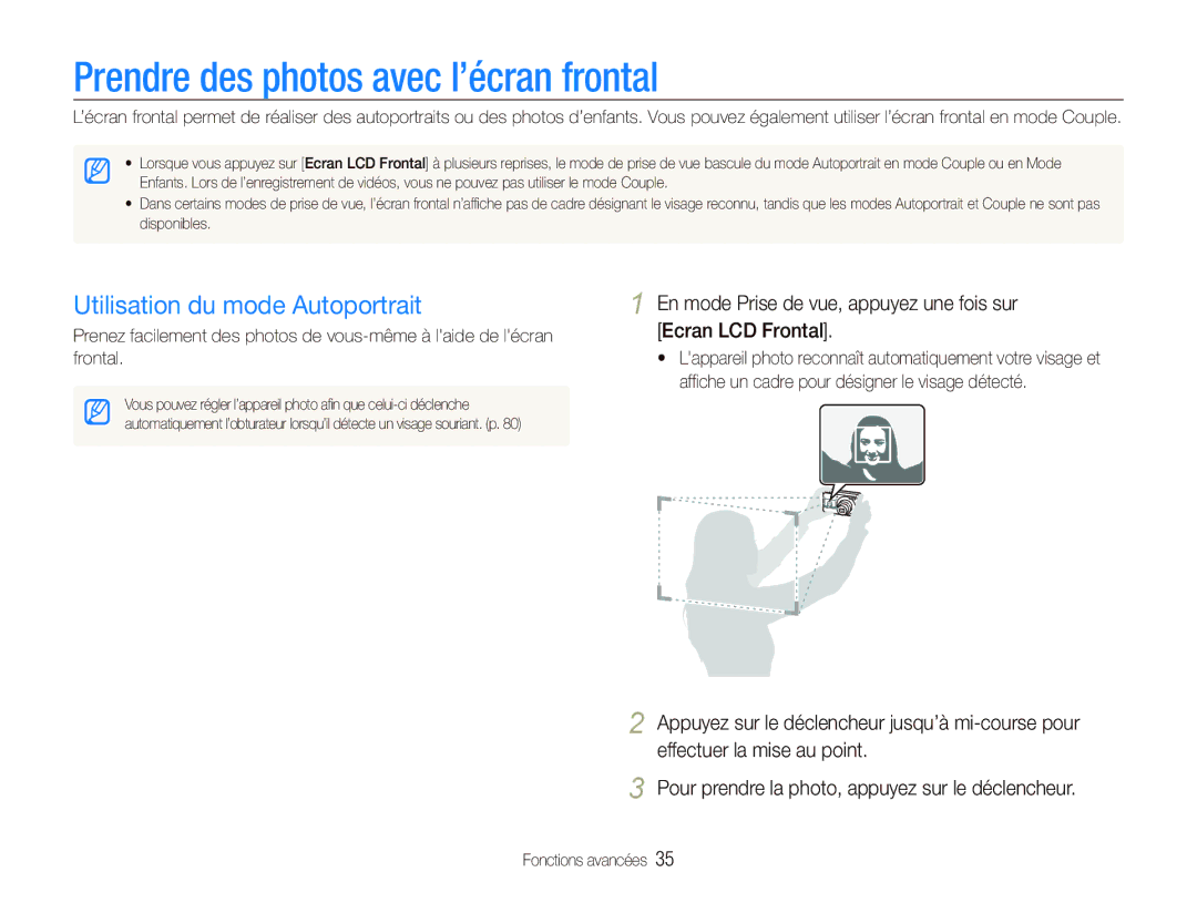 Samsung EC-PL101ZBDSE1, EC-PL100ZBPSE1 manual Prendre des photos avec l’écran frontal, Utilisation du mode Autoportrait 