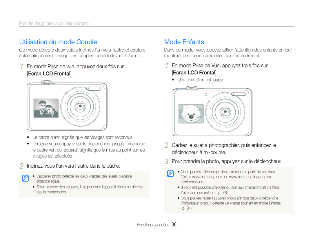 Samsung EC-PL100ZBPSE1, EC-PL101ZBDSE1 Utilisation du mode Couple, Mode Enfants, Prendre des photos avec l’écran frontal 