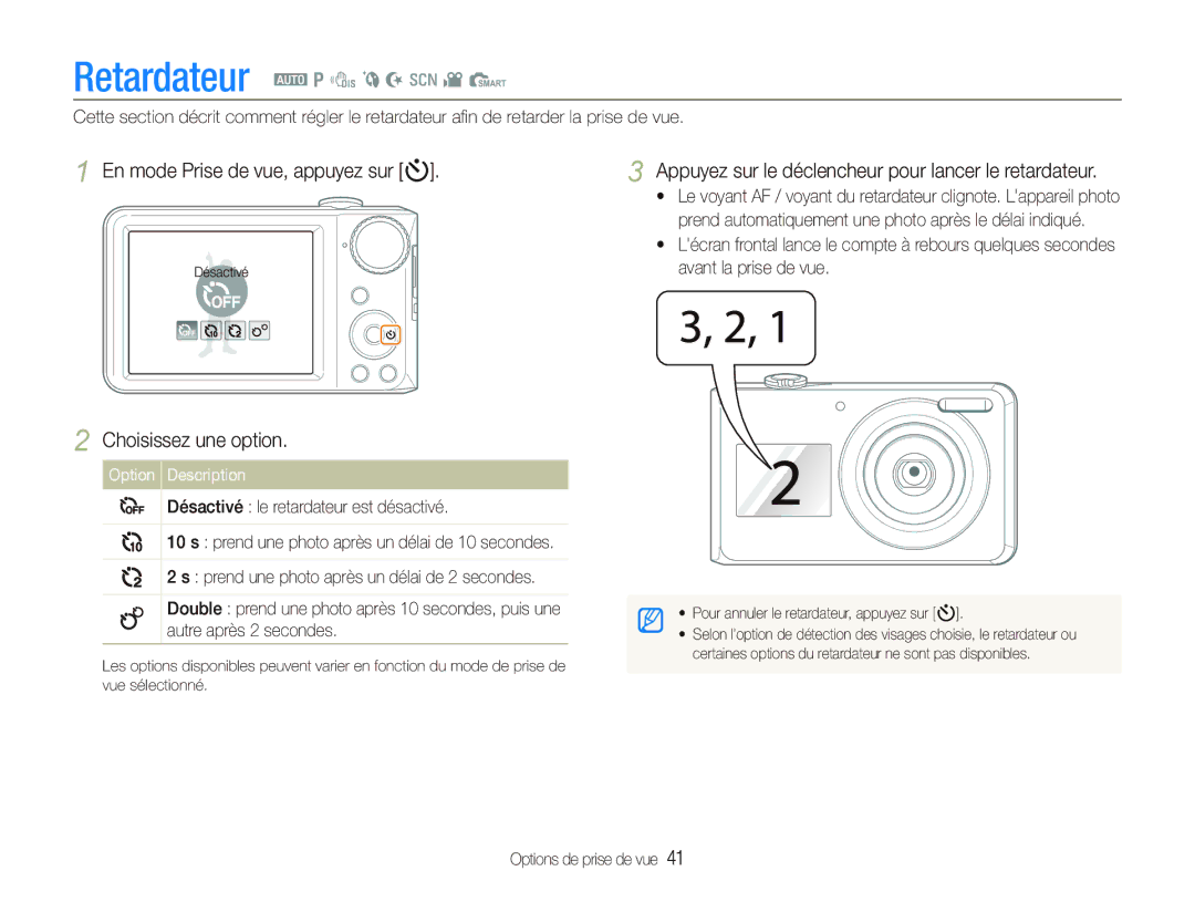 Samsung EC-PL100ZBPVE1 manual En mode Prise de vue, appuyez sur t, Appuyez sur le déclencheur pour lancer le retardateur 