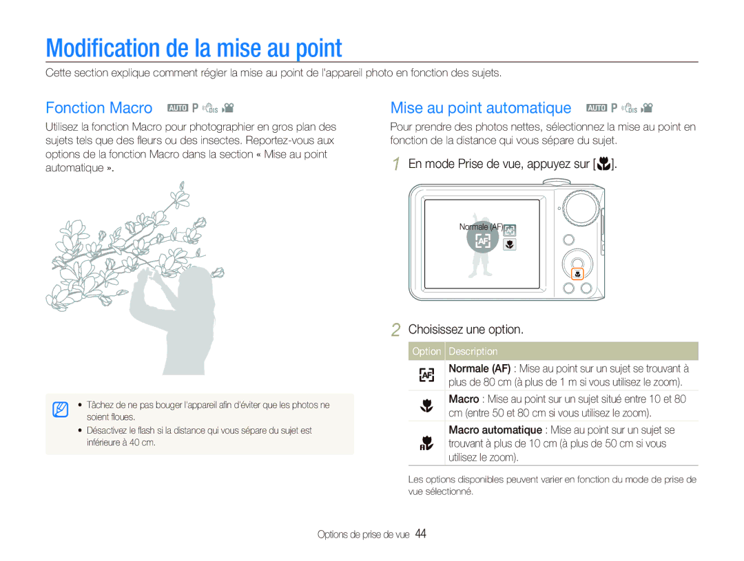 Samsung EC-PL101ZBDSE1 manual Modiﬁcation de la mise au point, Fonction Macro a p d, Mise au point automatique a p d 