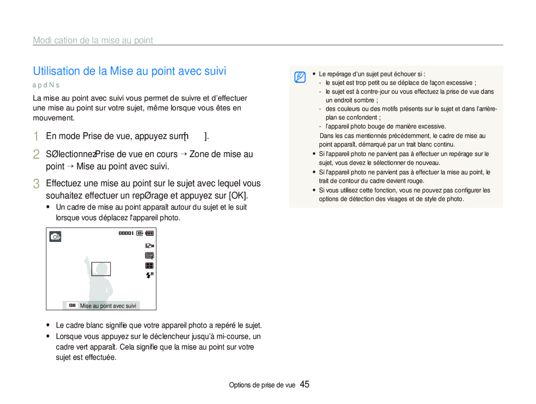 Samsung EC-PL100ZBPSE1, EC-PL101ZBDSE1 manual Utilisation de la Mise au point avec suivi, Modiﬁcation de la mise au point 