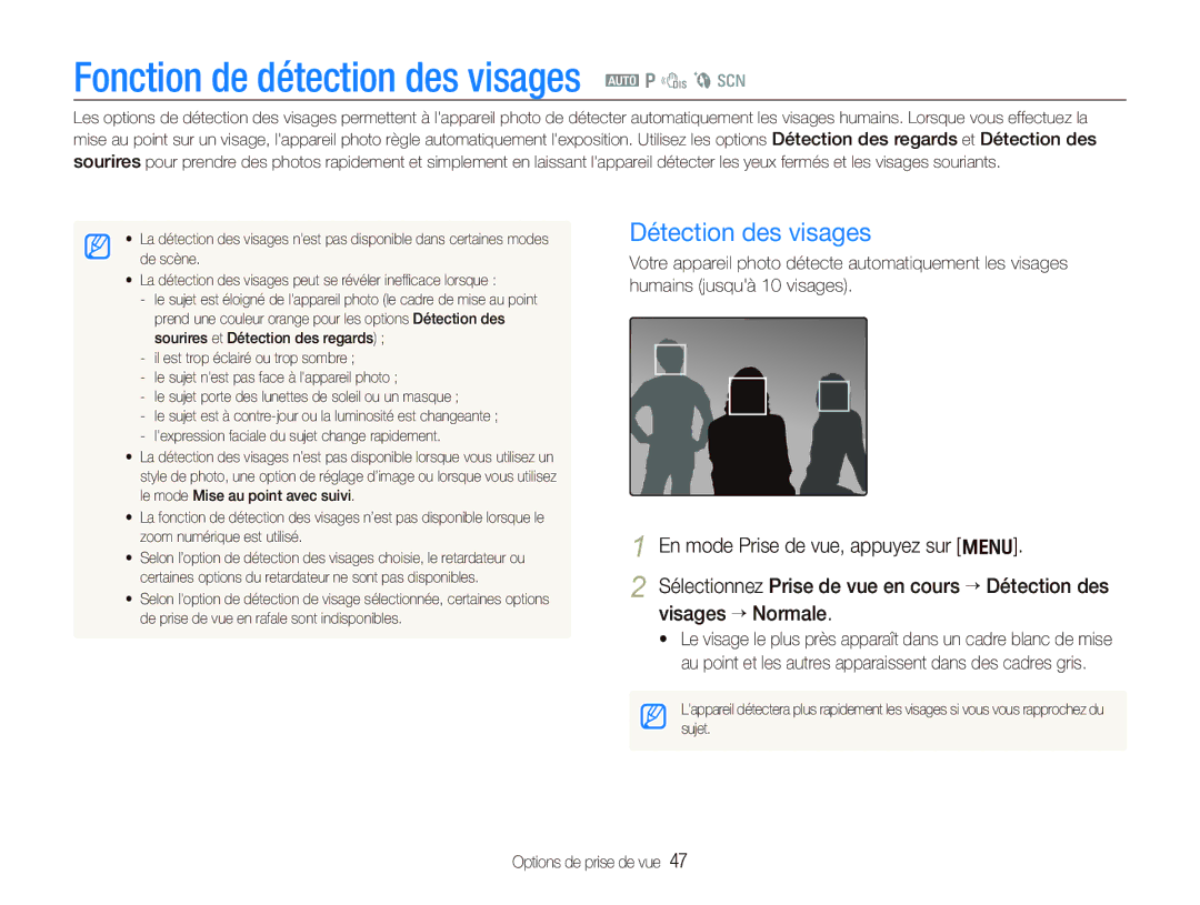 Samsung EC-PL101ZBPBE1, EC-PL101ZBDSE1, EC-PL100ZBPSE1 Fonction de détection des visages a p d b s, Détection des visages 