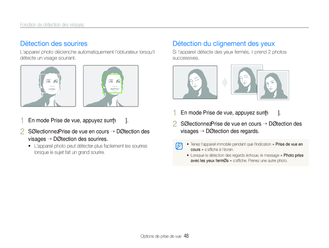 Samsung EC-PL100ZBPSGB manual Détection des sourires, Détection du clignement des yeux, Fonction de détection des visages 