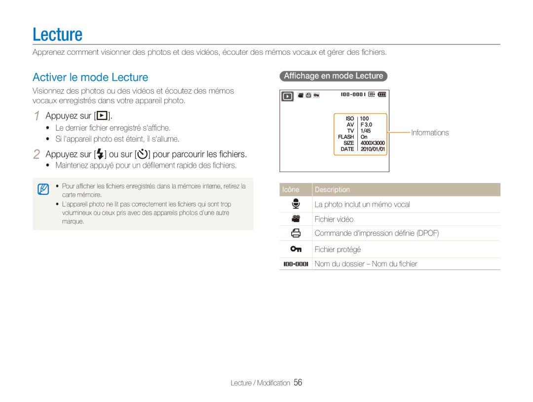 Samsung EC-PL101ZBPBE1 Activer le mode Lecture, Appuyez sur P, Appuyez sur F ou sur t pour parcourir les fichiers 