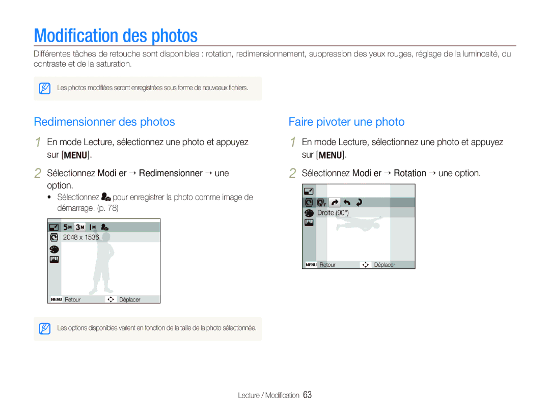 Samsung EC-PL100ZBPSE1, EC-PL101ZBDSE1 manual Modiﬁcation des photos, Redimensionner des photos, Faire pivoter une photo 