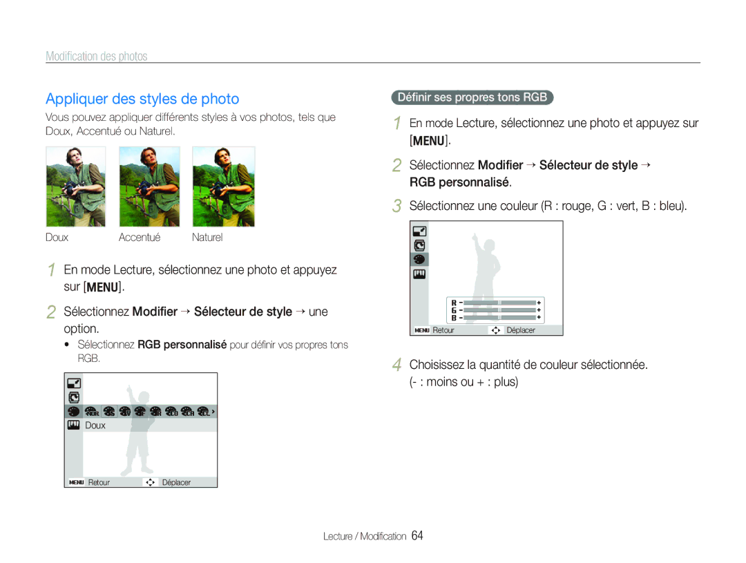 Samsung EC-PL100ZBPBZA Appliquer des styles de photo, Modiﬁcation des photos, Moins ou + plus, Déﬁnir ses propres tons RGB 