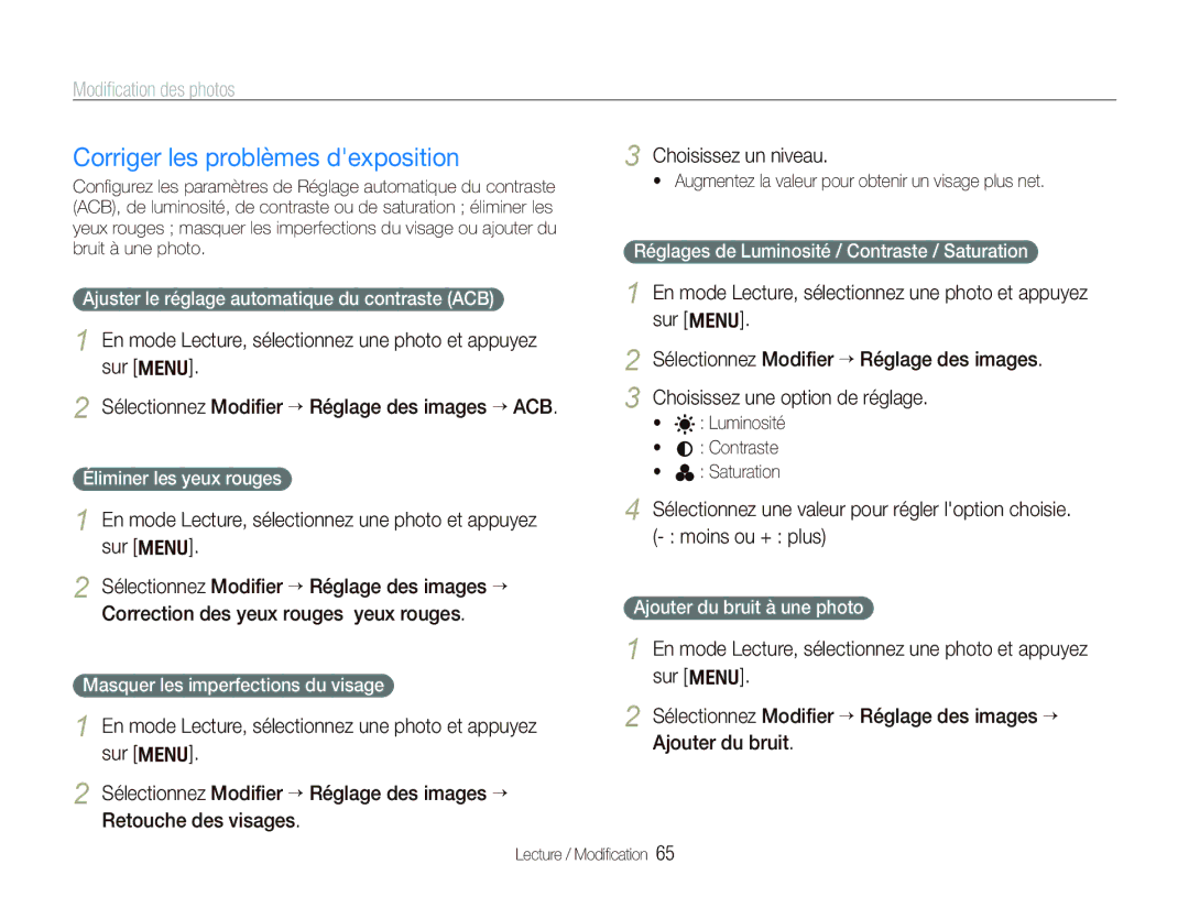 Samsung EC-PL101ZBPBE1, EC-PL101ZBDSE1, EC-PL100ZBPSE1, EC-PL100ZBPBZA, EC-PL100ZBPSGB Corriger les problèmes dexposition 