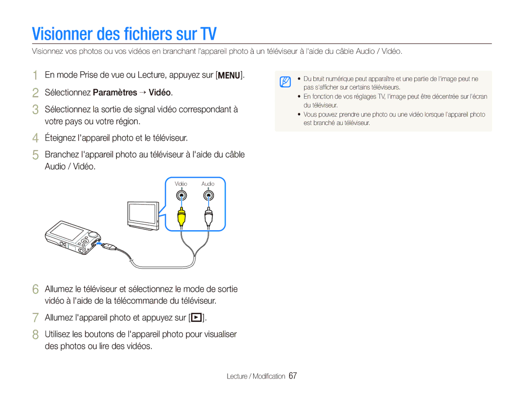 Samsung EC-PL100ZBPPE1, EC-PL101ZBDSE1, EC-PL100ZBPSE1, EC-PL100ZBPBZA, EC-PL101ZBPBE1 manual Visionner des ﬁchiers sur TV 