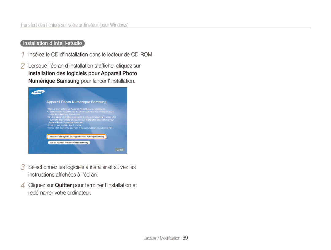 Samsung EC-PL100ZBPBGB manual Transfert des fichiers sur votre ordinateur pour Windows, Installation d’Intelli-studio 