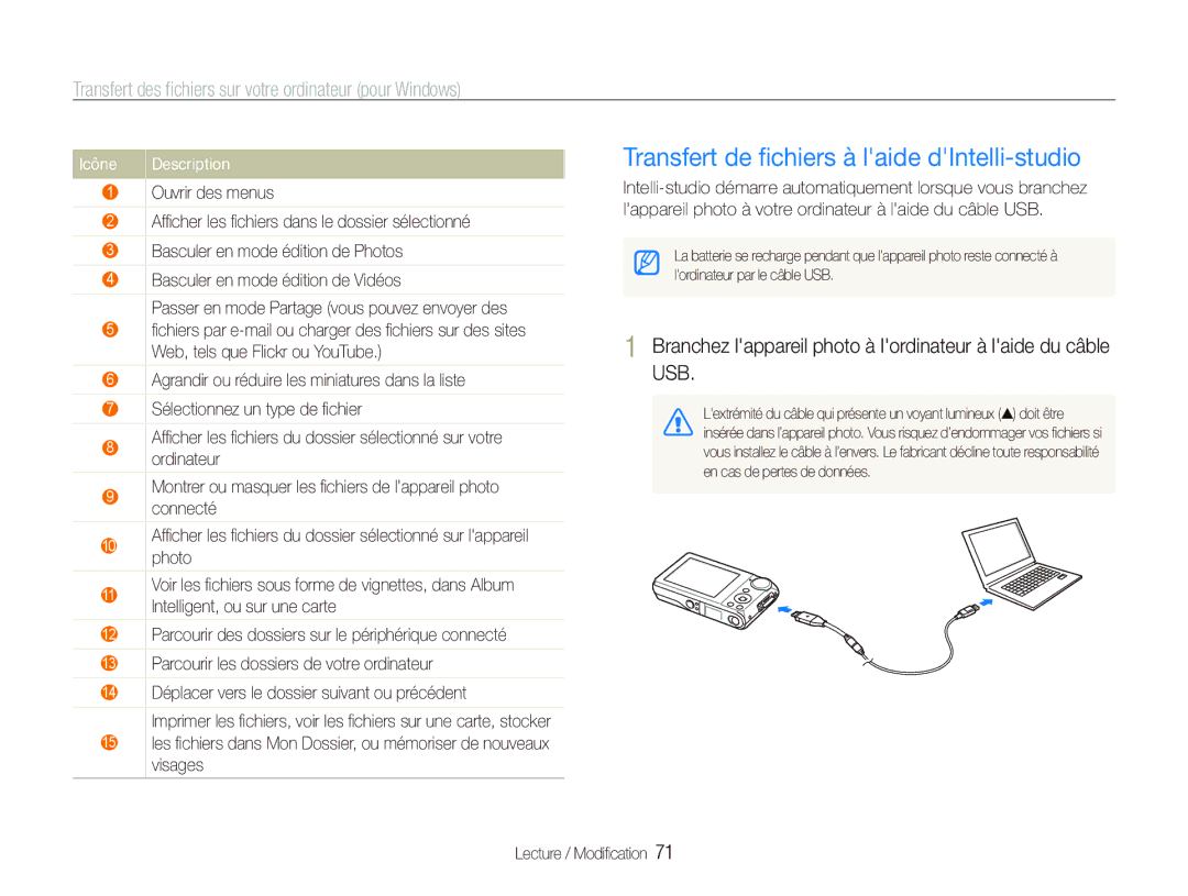 Samsung EC-PL101ZBDSE1, EC-PL100ZBPSE1, EC-PL100ZBPBZA, EC-PL101ZBPBE1 Transfert de ﬁchiers à laide dIntelli-studio, Icône 