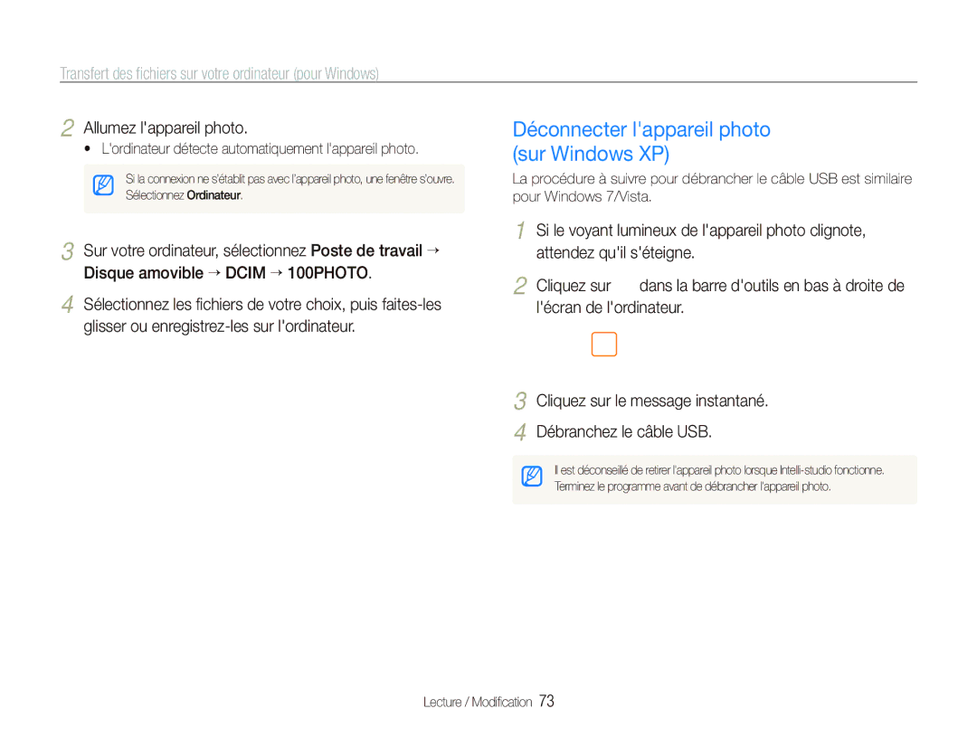 Samsung EC-PL100ZBPBZA Déconnecter lappareil photo sur Windows XP,  Lordinateur détecte automatiquement lappareil photo 
