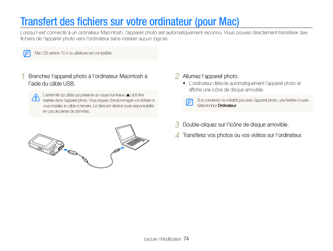 Samsung EC-PL101ZBPBE1, EC-PL101ZBDSE1, EC-PL100ZBPSE1, EC-PL100ZBPBZA Transfert des ﬁchiers sur votre ordinateur pour Mac 