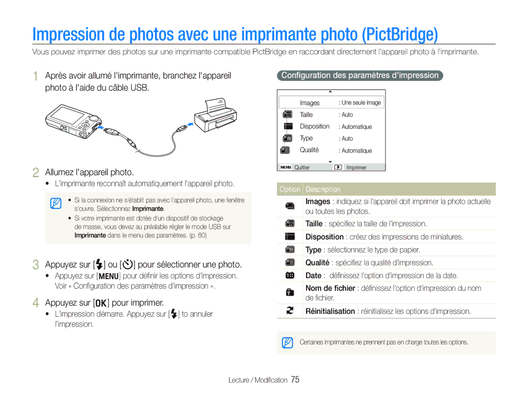 Samsung EC-PL100ZBPSGB manual Impression de photos avec une imprimante photo PictBridge, Appuyez sur o pour imprimer 