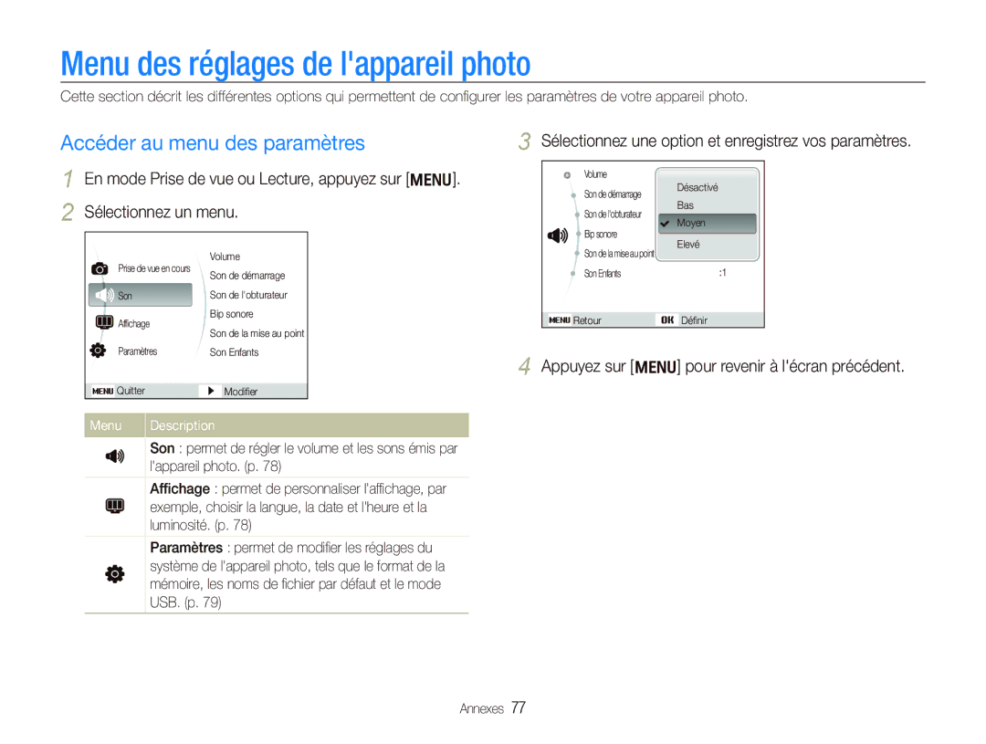 Samsung EC-PL100ZBPVE1 manual Menu des réglages de lappareil photo, Accéder au menu des paramètres, Menu Description 