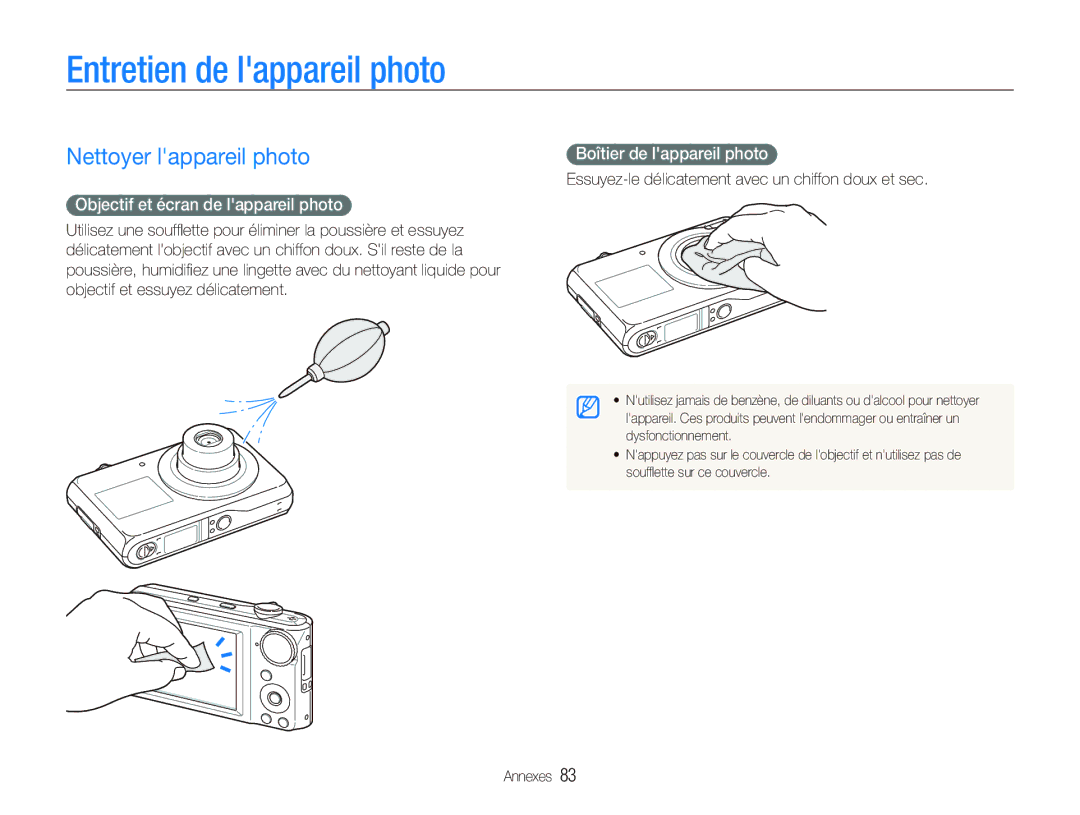 Samsung EC-PL101ZBPBE1 manual Entretien de lappareil photo, Nettoyer lappareil photo, Objectif et écran de lappareil photo 