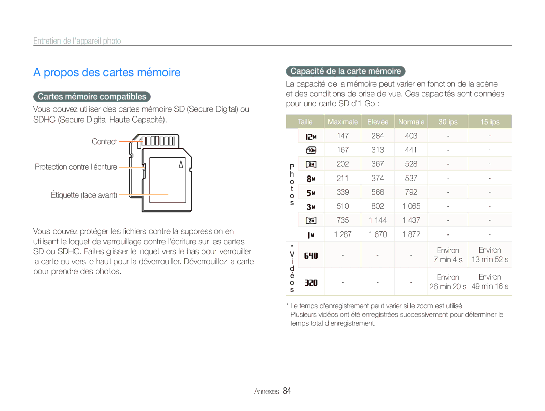 Samsung EC-PL100ZBPSGB, EC-PL101ZBDSE1 Propos des cartes mémoire, Entretien de lappareil photo, Cartes mémoire compatibles 