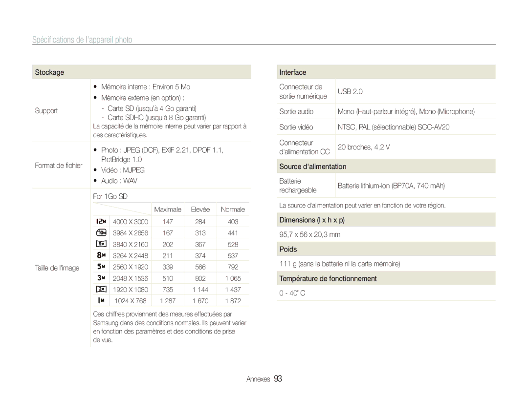 Samsung EC-PL100ZBPSGB manual Stockage, Support, PictBridge,  Audio WAV For 1Go SD, Taille de limage, Sortie audio 