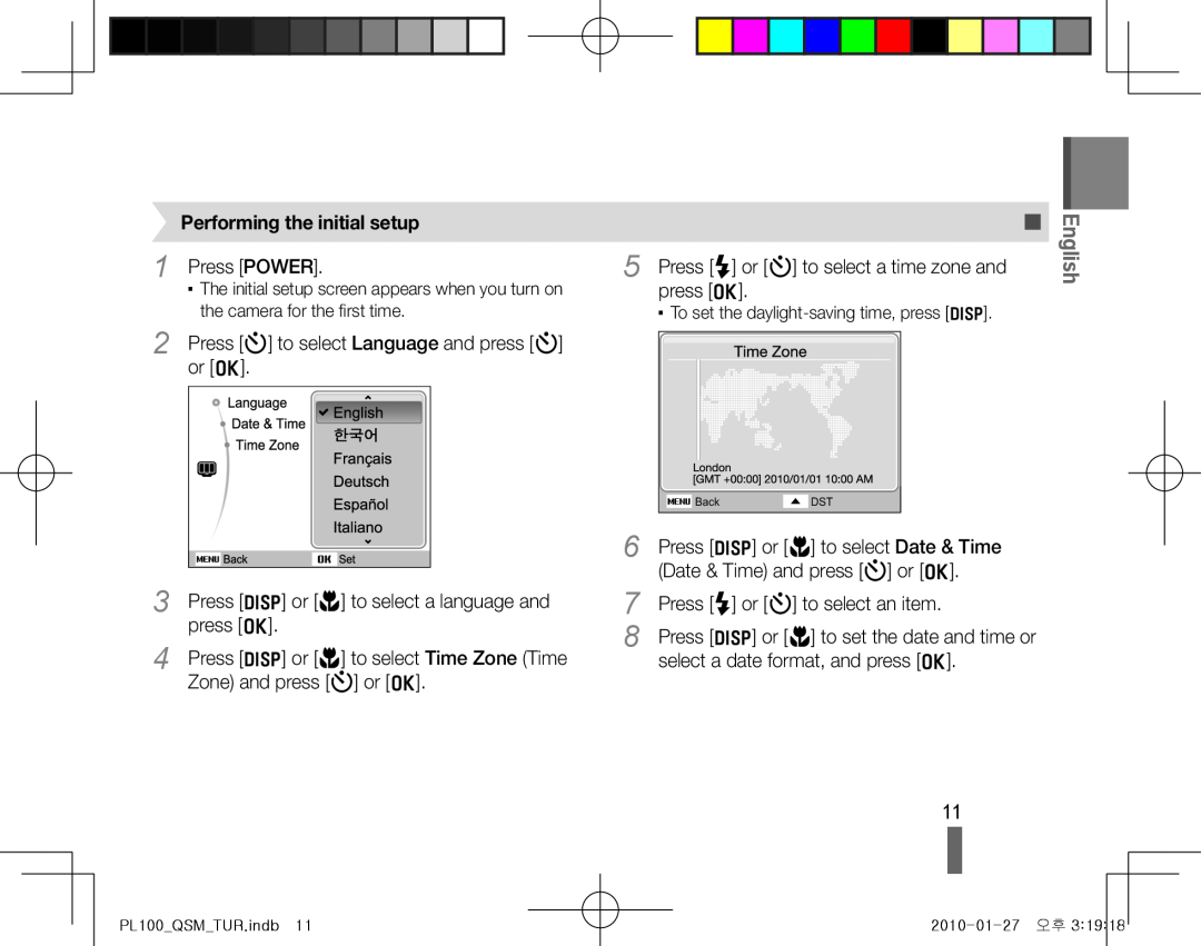 Samsung EC-PL100ZBPSIT manual Performing the initial setup, English, The initial setup screen appears when you turn on 