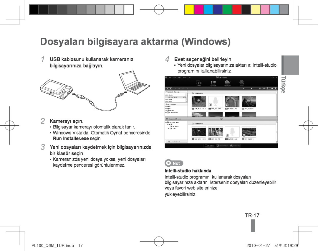 Samsung EC-PL100ZBPGZA manual Dosyaları bilgisayara aktarma Windows, TR-17, bilgisayarınıza bağlayın, Kamerayı açın, Türkçe 